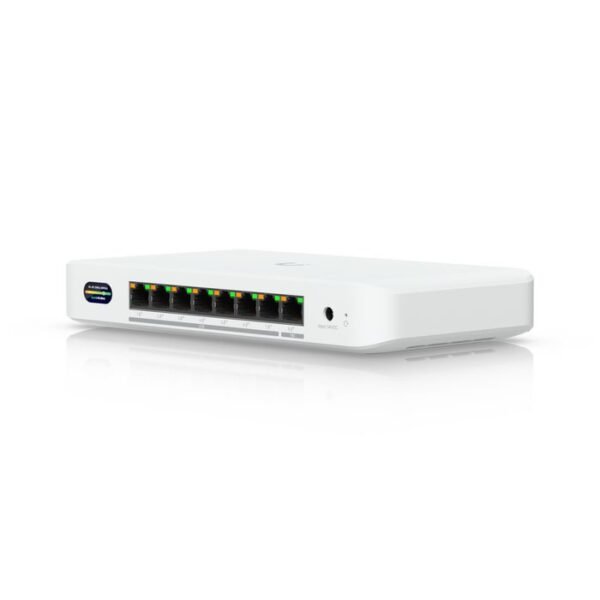 Compact PoE+ switch* with (1)  10 GbE port, (7) 2.5 GbE  ports, and 6 GHz-ready WiFi 7 bridging integration for seamless, high-capacity