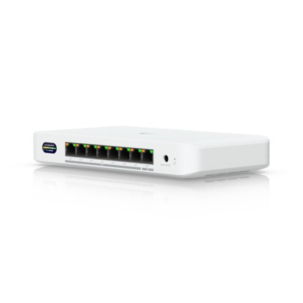 Compact PoE+ switch* with (1)  10 GbE port, (7) 2.5 GbE  ports, and 6 GHz-ready WiFi 7 bridging integration for seamless, high-capacity