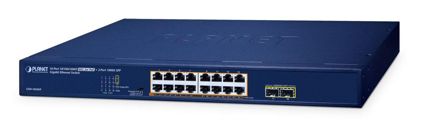 Img_37362177.jpg 16-Port 10/100/1000T 802.3at PoE + 2-Port 1000X SFP Ethernet Switch GSW-1820HP, Unmanaged, Gigabit Ethernet (10/100/1000), Full - Image 1