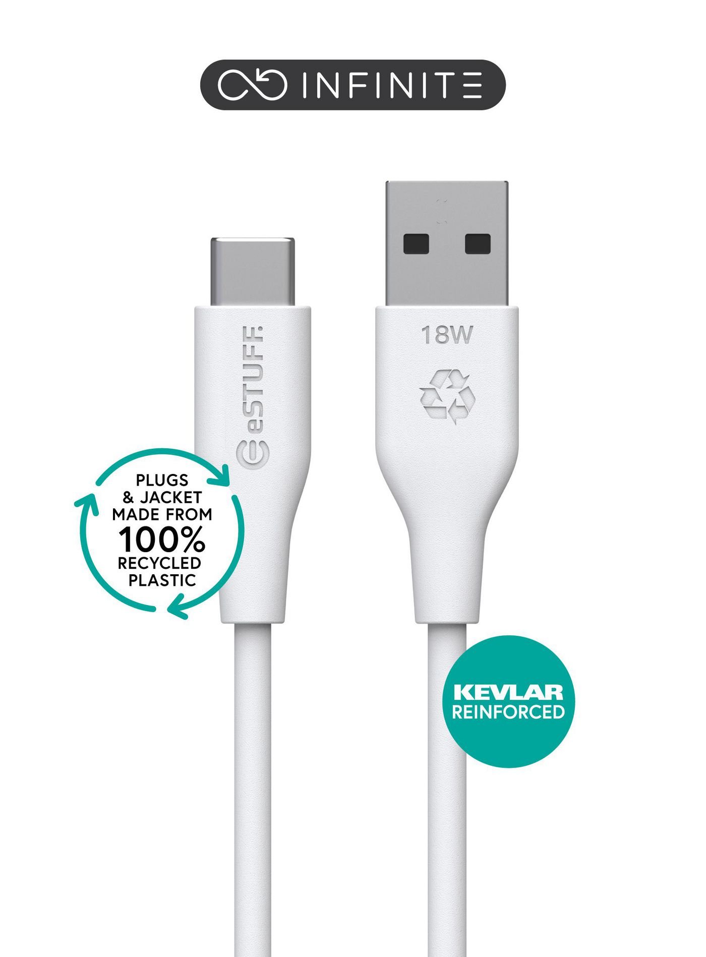 Img_37462020.jpg INFINITE (GRS) USB-C to USB-A Cable 2m White. Recycled Plastic. Super Soft - Image 1