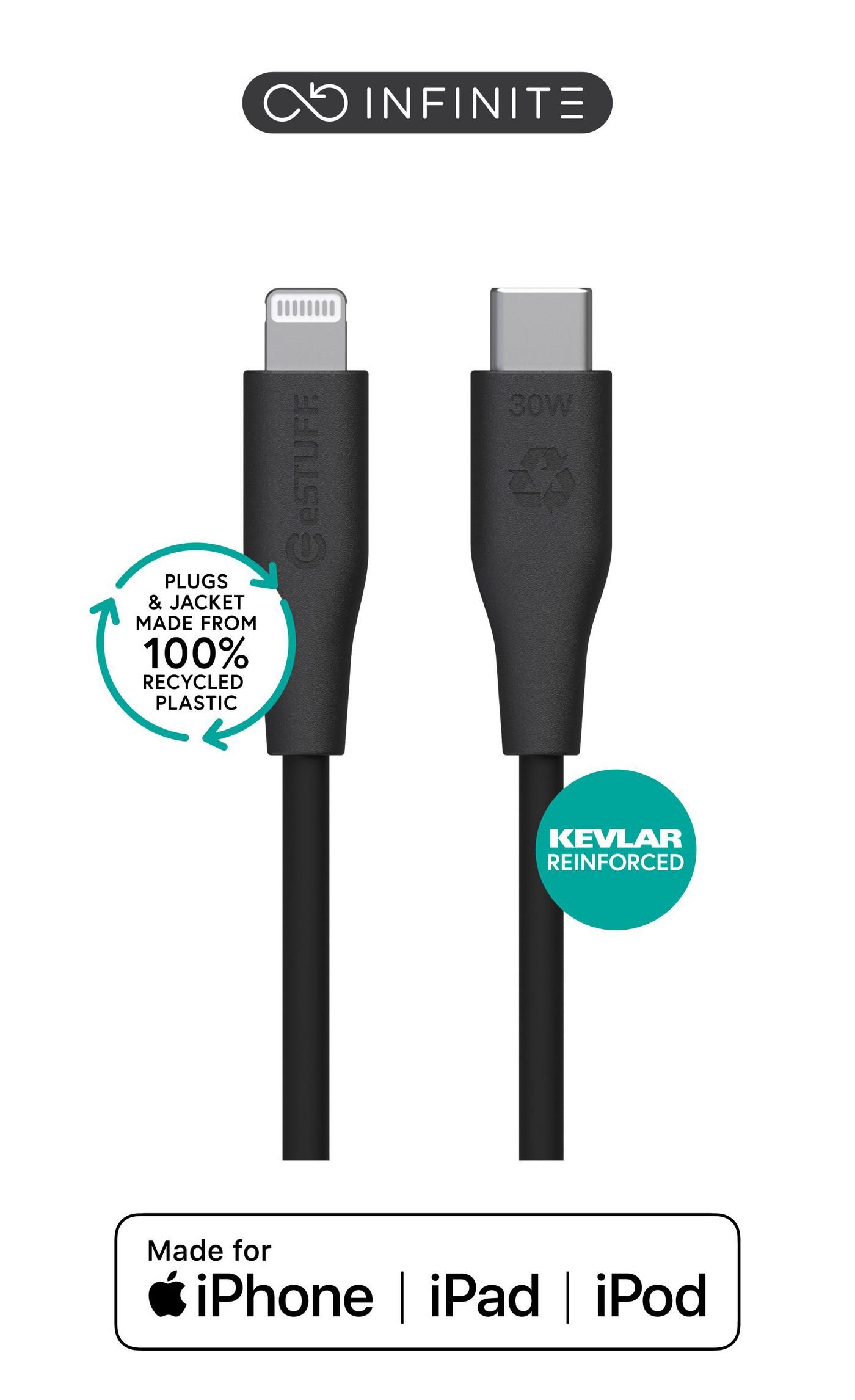 Img_37462046.jpg INFINITE (GRS) USB-C to Lightning Cable MFI 1m Black. PVC Free Recycled Plastic - Image 1