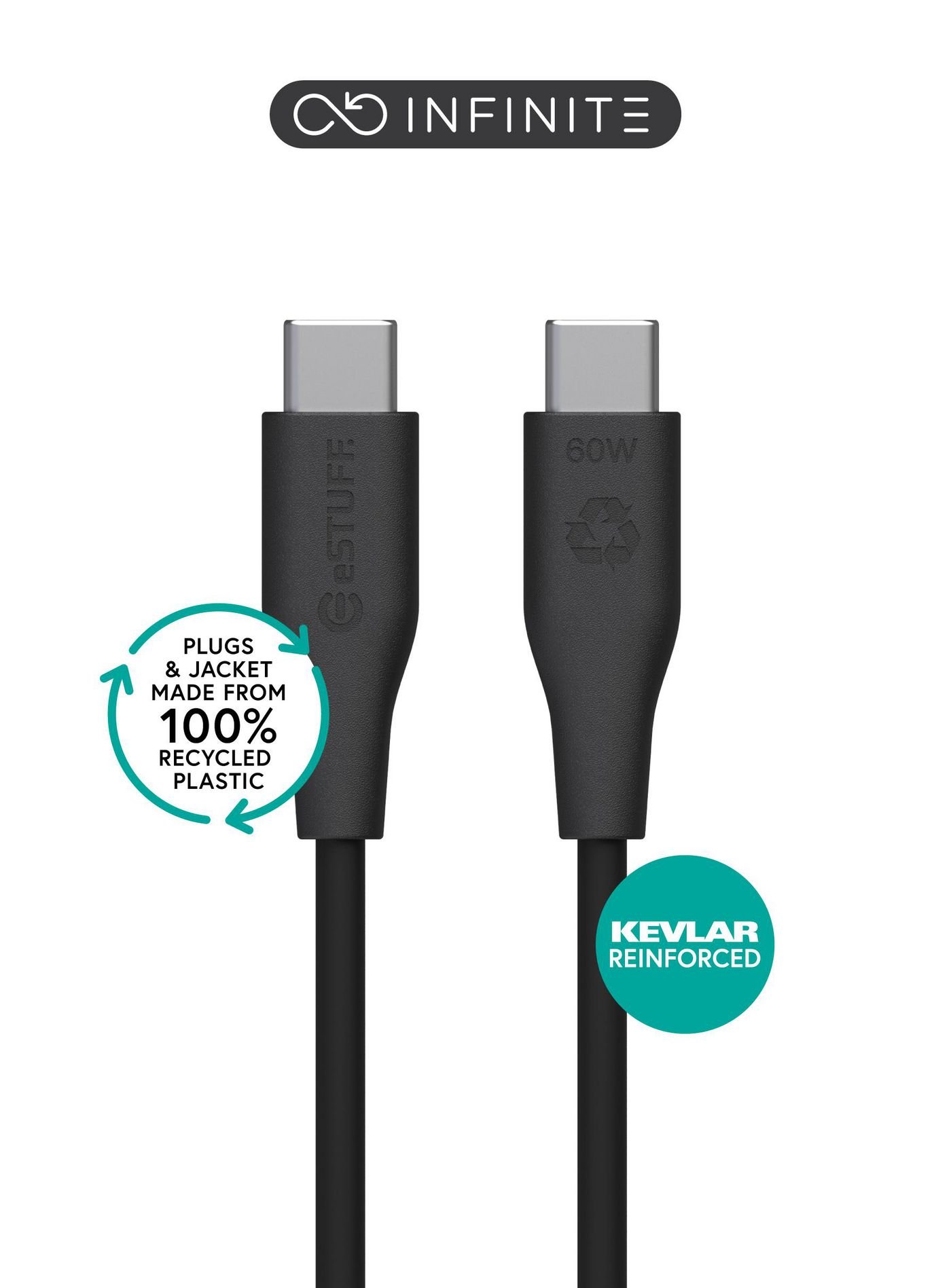 Img_37462072.jpg INFINITE (GRS) USB-C to USB-C Cable 1m Black. PVC Free Recycled Plastic - Image 1