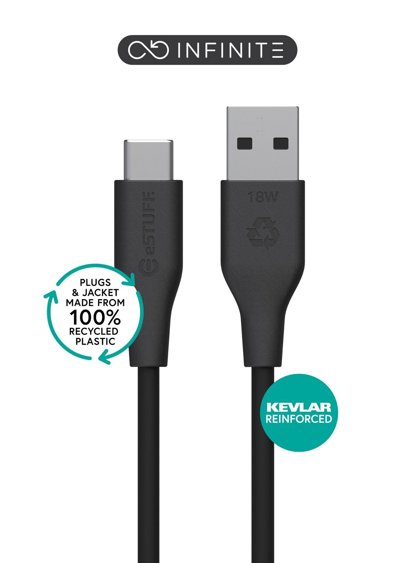 Img_37462111.jpg INFINITE (GRS) USB-C to USB-A Cable 1m Black. PVC Free Recycled Plastic - Image 1