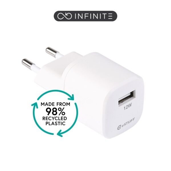 INFINITE (GRS) USB-A Charger  EU 12W. 1 x USB-A. White. 98%  recycled plastic (rPC)