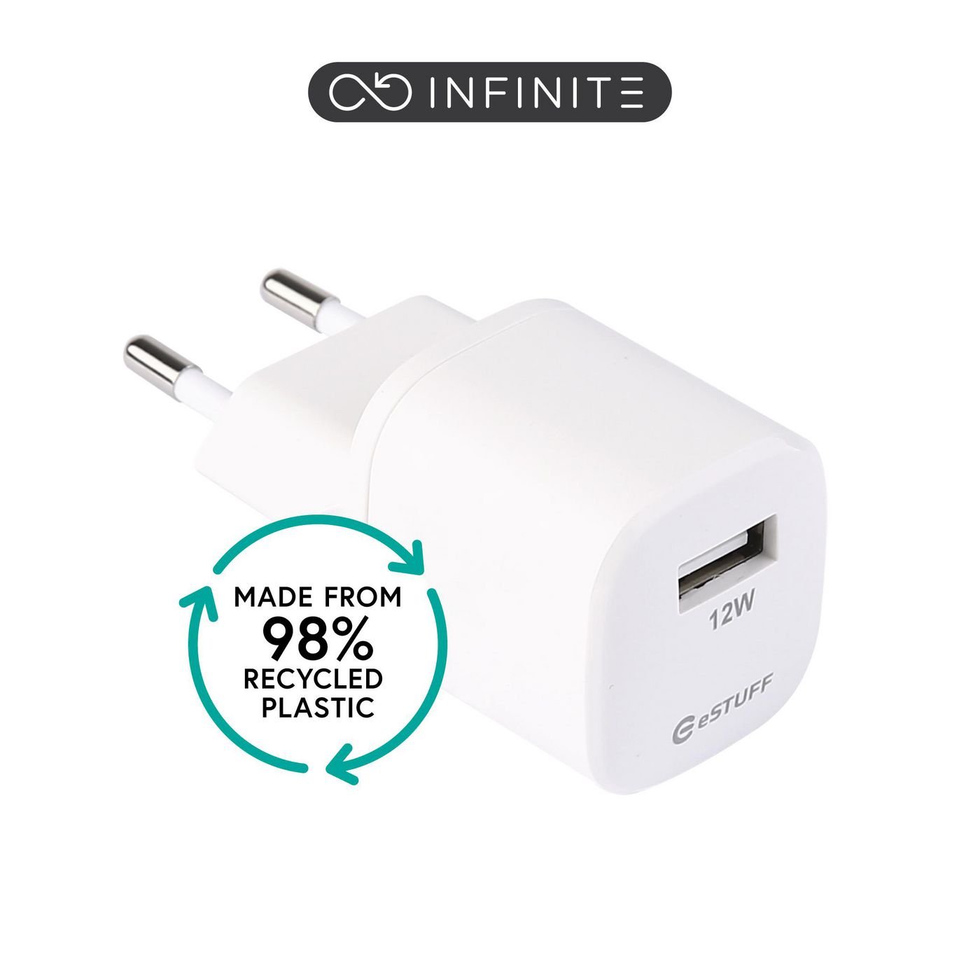 Img_37573838.jpg INFINITE (GRS) USB-A Charger EU 12W. 1 x USB-A. White. 98% recycled plastic (rPC) - Image 1