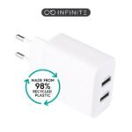 INFINITE (GRS) USB-A Charger  EU 24W. 2 x USB-A. White. 98%  recycled plastic (rPC)