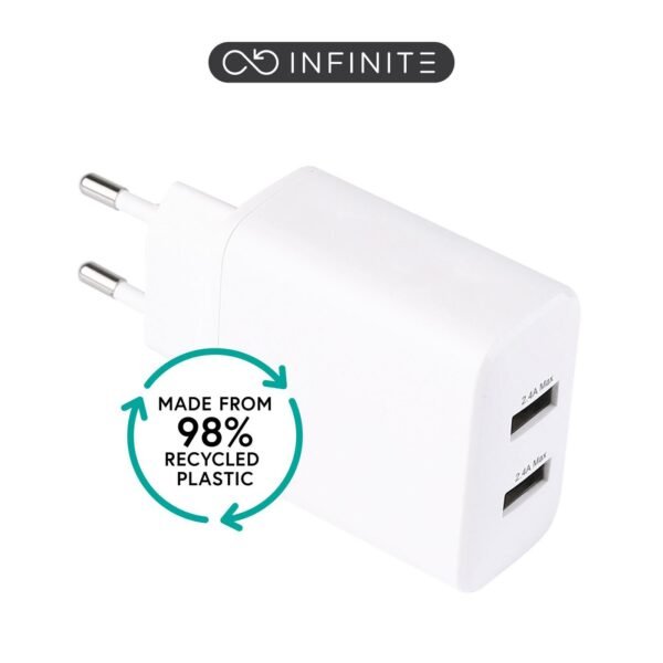 INFINITE (GRS) USB-A Charger  EU 24W. 2 x USB-A. White. 98%  recycled plastic (rPC)