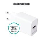 INFINITE (GRS) USB-A Charger  EU 18W Qualcom Quick Charge.  White. 98% recycled plastic (rPC)