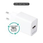 INFINITE (GRS) USB-A Charger  EU 18W Qualcom Quick Charge.  White. 98% recycled plastic (rPC)