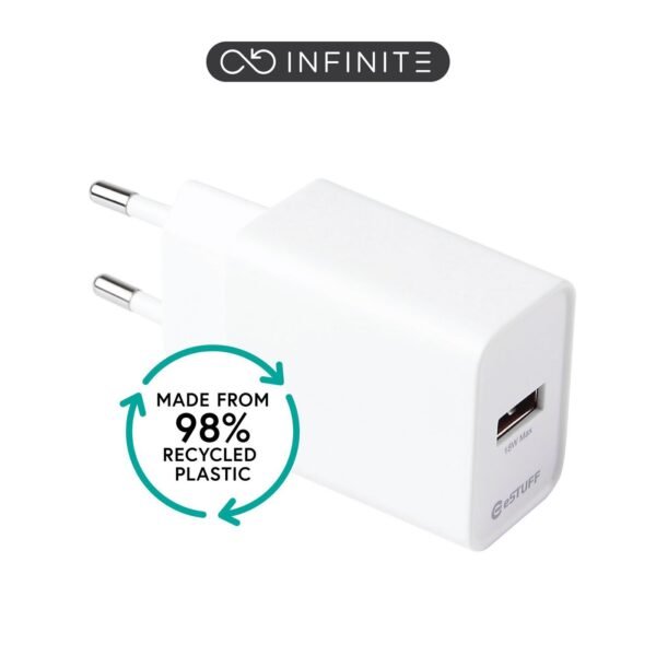 INFINITE (GRS) USB-A Charger  EU 18W Qualcom Quick Charge.  White. 98% recycled plastic (rPC)