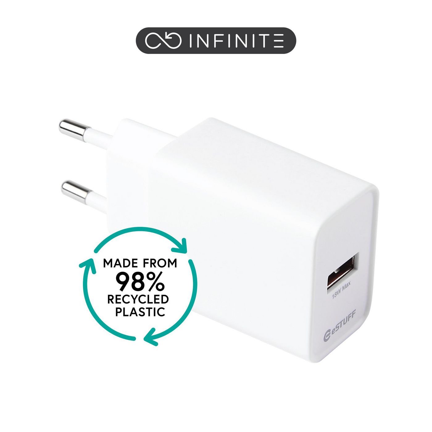 Img_37573873.jpg INFINITE (GRS) USB-A Charger EU 18W Qualcom Quick Charge. White. 98% recycled plastic (rPC) - Image 1