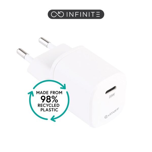 INFINITE (GRS) USB-C Charger  EU PD 20W. 1 x USB-C. White.  98% recycled plastic (rPC)