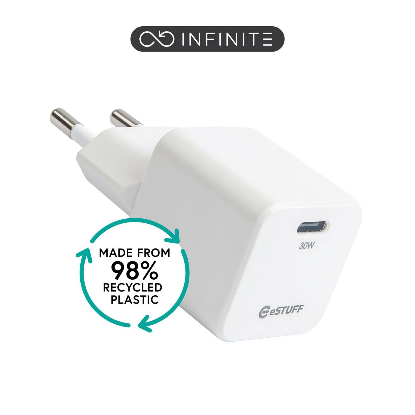 Img_37573885.jpg INFINITE (GRS) USB-C Charger EU PD 30W GaN. 1 x USB-C. White. 98% recycled plastic (rPC) - Image 1