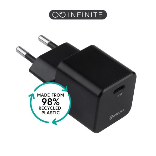INFINITE (GRS) USB-C Charger  EU PD 30W GaN. 1 x USB-C.  Black. 98% recycled plastic (rPC)