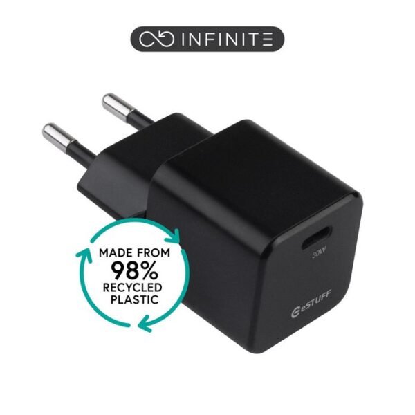 INFINITE (GRS) USB-C Charger  EU PD 30W GaN. 1 x USB-C.  Black. 98% recycled plastic (rPC)