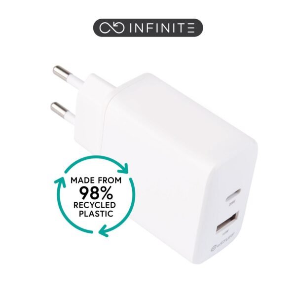 INFINITE (GRS) USB Charger EU   1 x USB-C PD 20W. 1 x  USB-A  12W. White. 98% recycled plastic (rPC)