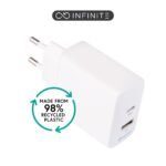 INFINITE (GRS) USB Charger EU   1 x USB-C PD 20W. 1 x  USB-A  12W. White. 98% recycled plastic (rPC)