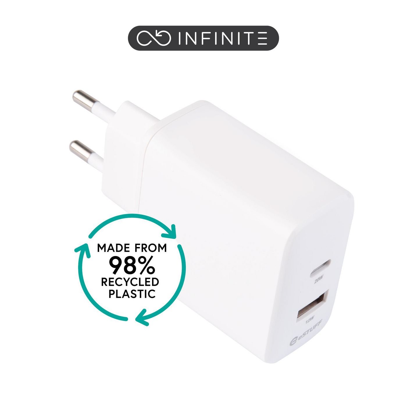 Img_37573902.jpg INFINITE (GRS) USB Charger EU 1 x USB-C PD 20W. 1 x USB-A 12W. White. 98% recycled plastic (rPC) - Image 1