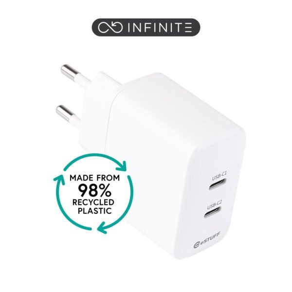 INFINITE (GRS) USB-C Charger  EU PD 35W Dynamic. 2 x USB-C.  White. 98% recycled plastic (rPC)