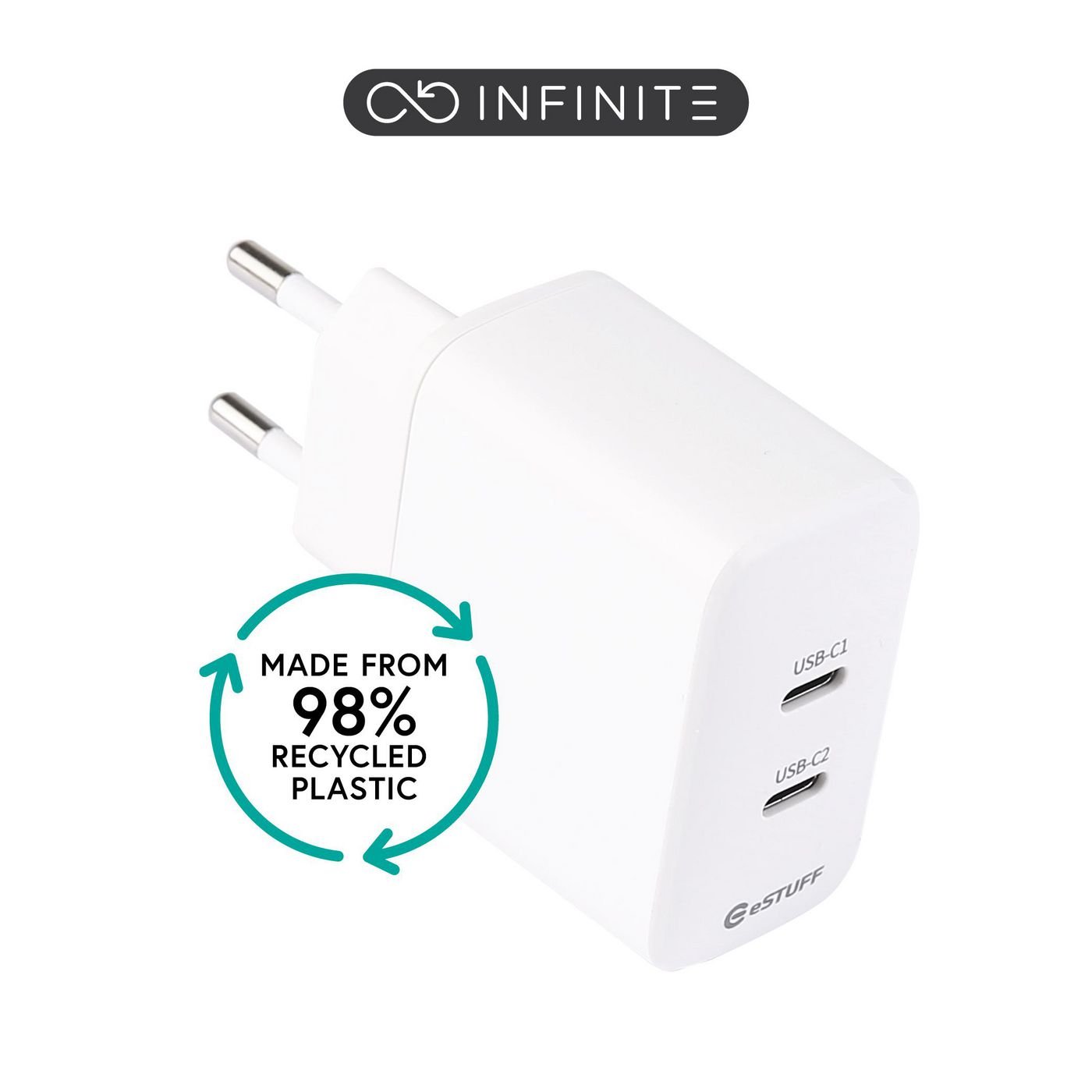Img_37573943.jpg INFINITE (GRS) USB-C Charger EU PD 35W Dynamic. 2 x USB-C. White. 98% recycled plastic (rPC) - Image 1