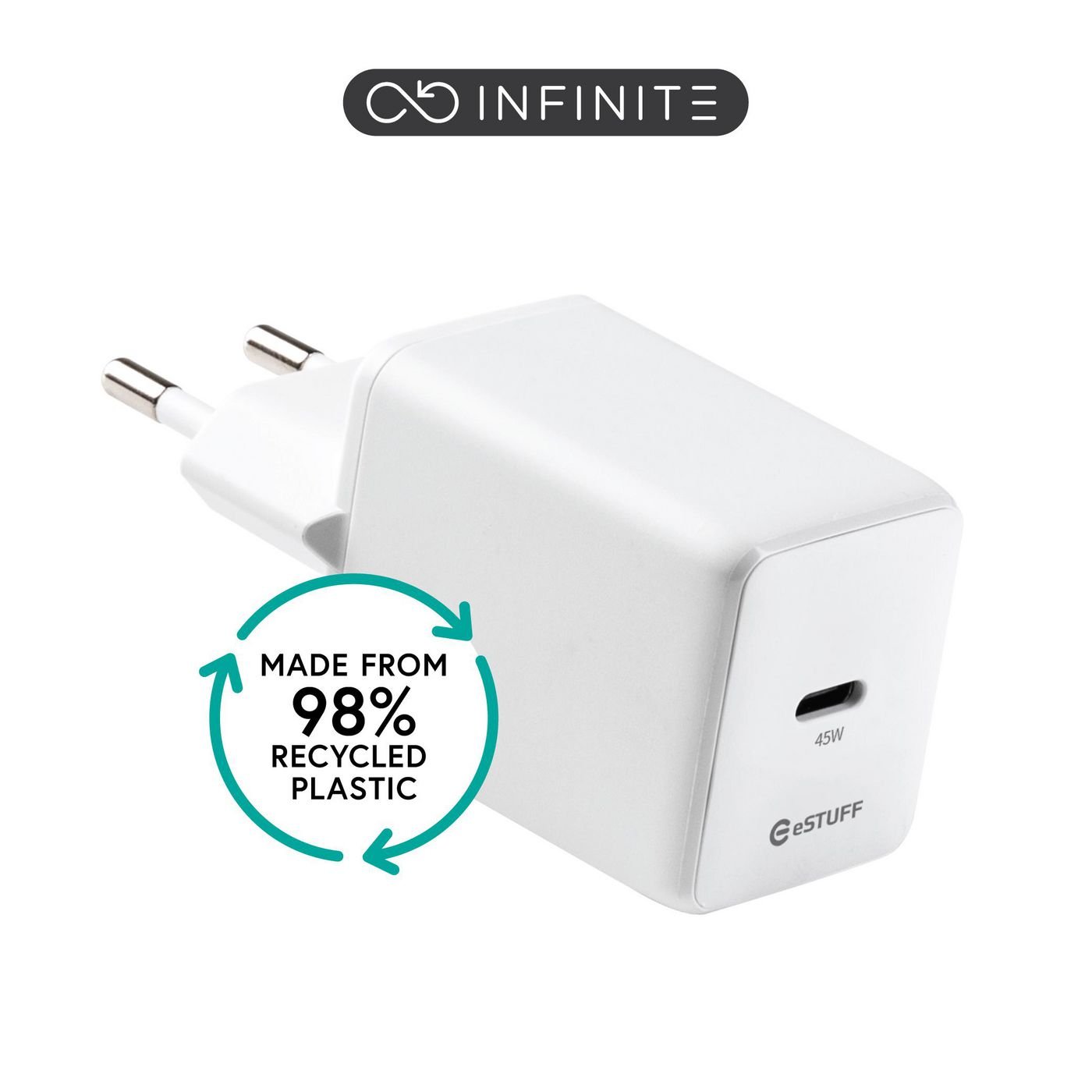 Img_37573951.jpg INFINITE (GRS) USB-C Charger EU PD 45W GaN. 1 x USB-C. White. 98% recycled plastic (rPC) - Image 1