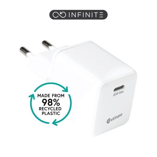 INFINITE (GRS) USB-C Charger  EU PD 60W GaN. 1 x USB-C.  White. 98% recycled plastic (rPC)