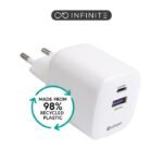 INFINITE (GRS) USB-C Charger  EU PD 67W GaN. 1x USB-C - 1 X  USB-A. White. 98% recycled plastic (rPC)