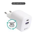 INFINITE (GRS) USB-C Charger  EU PD 67W GaN. 1x USB-C - 1 X  USB-A. White. 98% recycled plastic (rPC)
