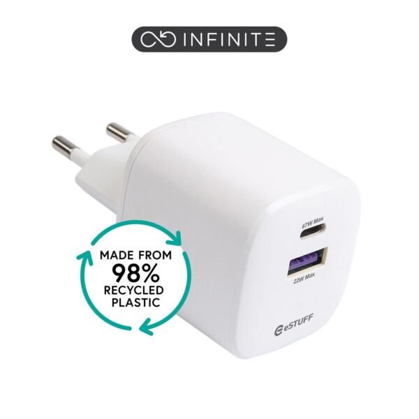 INFINITE (GRS) USB-C Charger  EU PD 67W GaN. 1x USB-C - 1 X  USB-A. White. 98% recycled plastic (rPC)