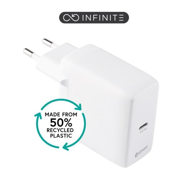 INFINITE (GRS) USB-C Charger  EU PD 65W GaN. 1x USB-C .  White. 50% recycled plastic (rPC)