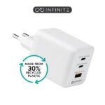 INFINITE USB-C Charger EU PD  100W GaN. 2 x USB-C. 1 x  USB-A White. 30% recycled plastic (rPC)