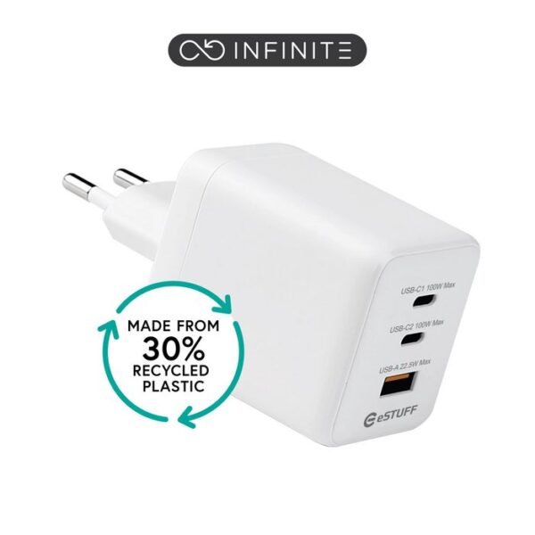 INFINITE USB-C Charger EU PD  100W GaN. 2 x USB-C. 1 x  USB-A White. 30% recycled plastic (rPC)