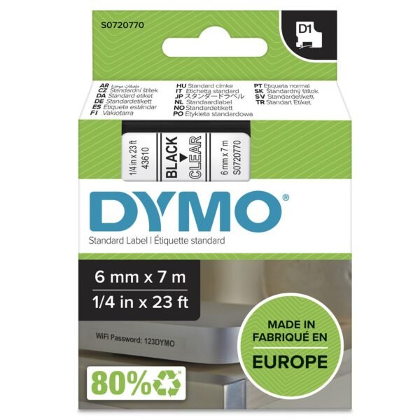 D1 Standard 6mm 6mm x 7m Black on transparant,