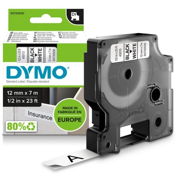 D1 Standard 12mm 12mm x 7m Black on white