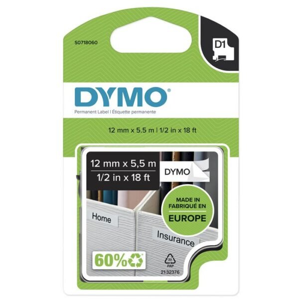 D1 Permanent Polyestertape 12mm x 5,5m Black on white,
