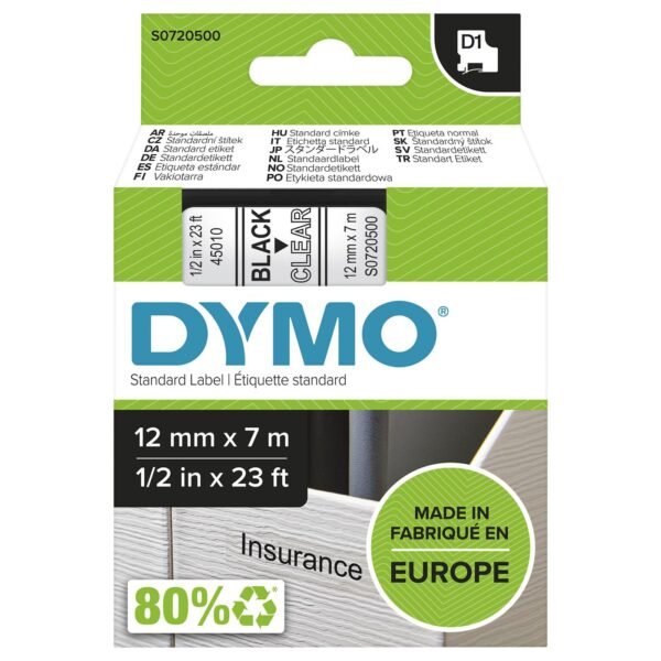 D1 Standard 12mm 12mm X 7m Black on transperant,
