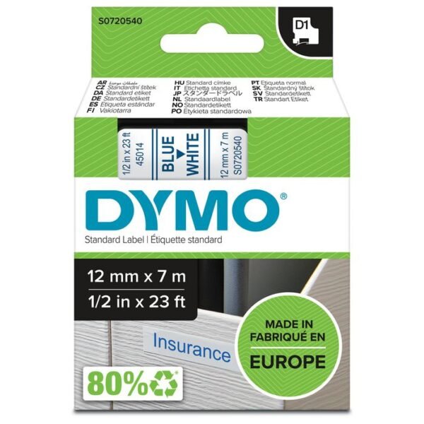 D1 Standard 12mm 12mm x 7m Blue on white,