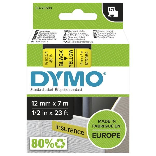 D1 Standard 12mm 12mm x 7m Black on yellow,