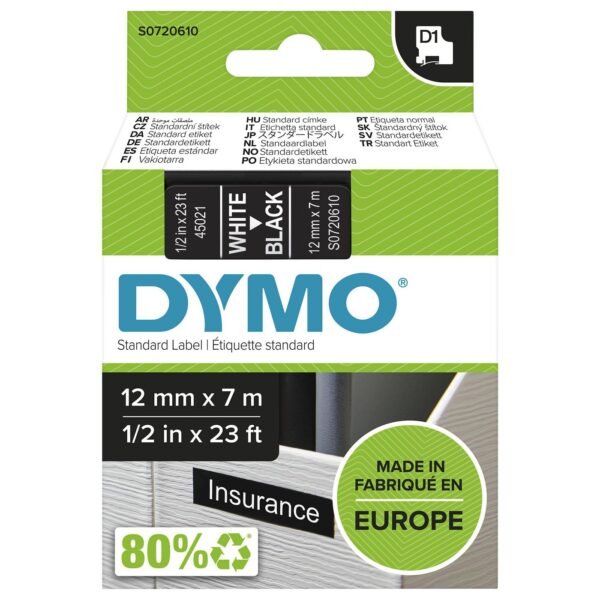 D1 Standard 12mm 12mm x 7m White on black,
