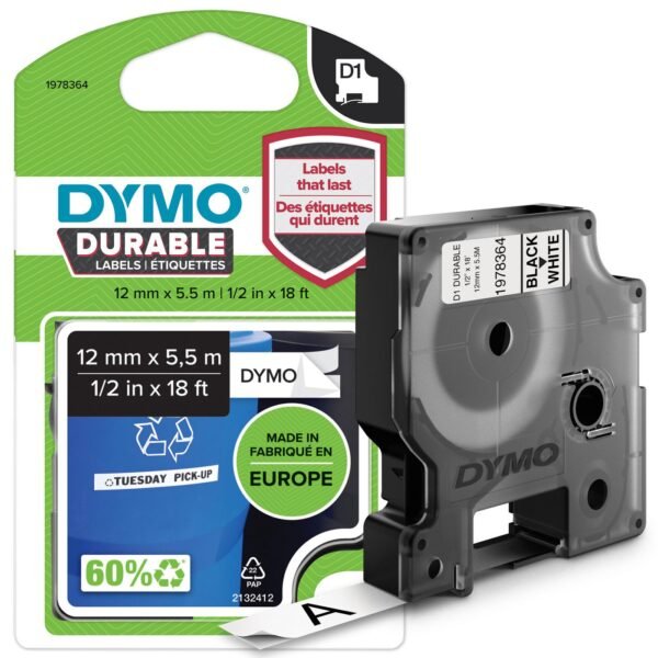 D1 VINYLBAND PERMANENT D1 Durable Labels, Black on  white, Multicolor, -40 - 80 ?C, DYMO, LabelManager, Box