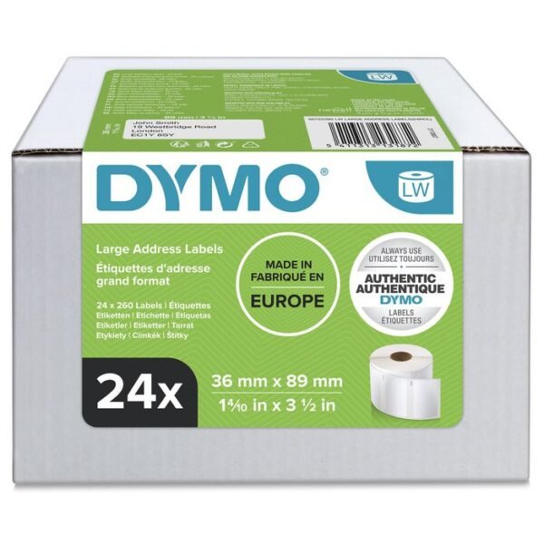 DYMO Authentic LabelWriter Large Address Labels | 36mm x 89mm | 24 Rolls of 260 Easy-Peel Labels (6240 labels) | Self-Adhesive | for LabelWriter Label Makers