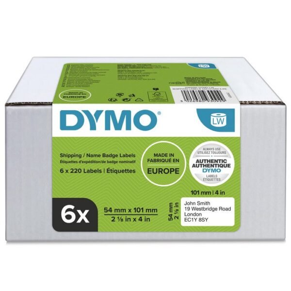 DYMO Authentic LabelWriter Large Shipping Labels/Name Badges | 54mm x 101mm | 6 Rolls of 220 Easy-Peel Labels (1,320 Count) | Self-Adhesive | for LabelWriter Label Makers