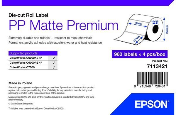 Epson PP Matte Label Premium, Die-cut Roll, 76mm x 127mm, 960 Labels