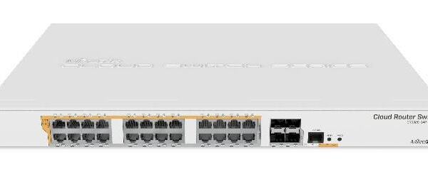 328-24P-4S+RM Cloud Router Switch 800 MHz CPU, 512MB RAM, 24xGigabit LAN (all PoE-out), 4xSFP+ cages, RouterOS L