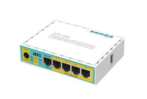 RouterBOARD hEX PoE lite with 650MHz CPU, 64MB RAM, 5xLAN (four with PoE out), USB, RouterOS L4, plastic case and PSU