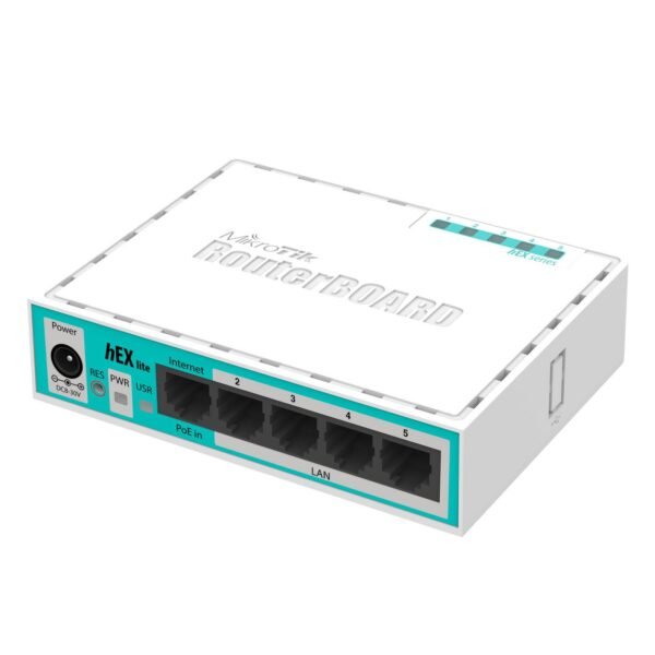 RouterBOARD hEX lite with 850MHz CPU, 64MB RAM 5 LAN ports, RouterOS L4, plastic case, PSU