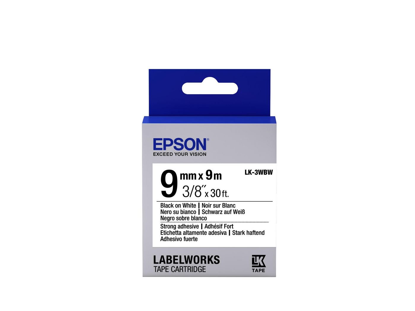 Img_9318964.jpg LABEL CARTRIDGE STRONG Label Cartridge Strong Adhesive LK-3WBW Black/White 9mm (9m), Black on white, Japan, Epson LabelWorks, - Image 1