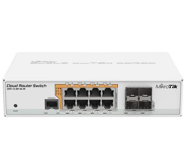 Cloud Router Switch 112-8P-4S-IN with QCA8511 400Mhz CPU, 128MB RAM, 8xGigabit LAN, 4xSFP, RouterOS L5, desktop case, PSU
