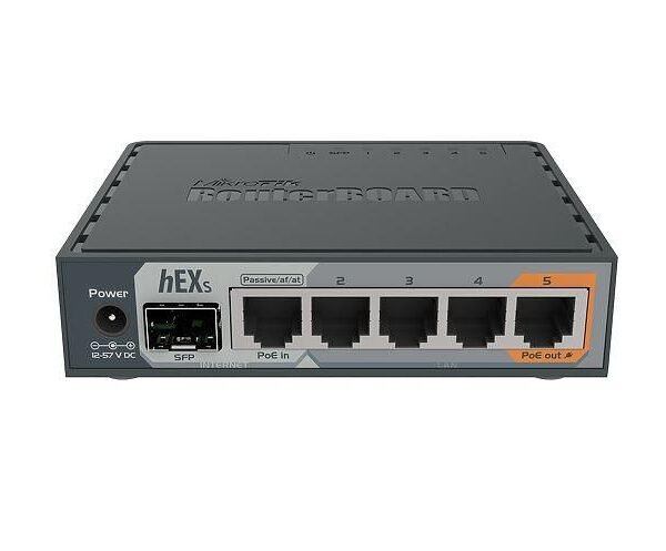 hEX S with Dual Core 880MHz CPU, 256MB RAM, 5 Gigabit LAN ports, SFP, USB, PoE-out