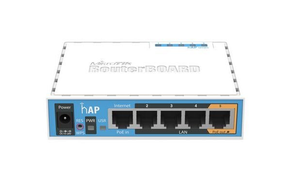 hAP with 650MHz CPU, 64MB RAM, 5xLAN, built-in 2.4Ghz 802.11b/g/n 2x2 two chain wireless with integrated antennas, USB, RouterOS L4, p